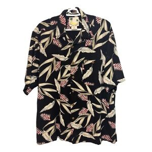 Banana Cabana Men Large 100% Silk Black Floral Hawaiian Shirt Resort Vacation